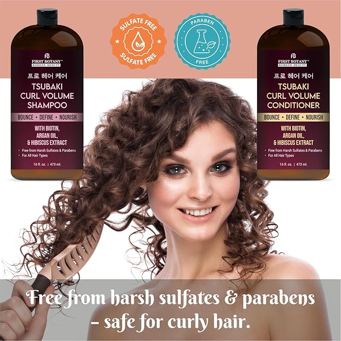 Curl Volume Shampoo & Conditioner Set – With Tsubaki, Biotin, Argan Oil & Hibiscus Extract – Bounce, Define & Nourish Curls – Sulfate Free, Paraben Free, For All Hair Types – 16 fl oz