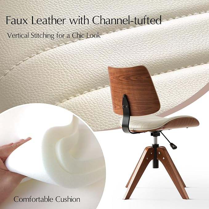HULALA HOME Faux Leather Home Office Chair with Solid Wood Legs, 360° Swivel Desk Chair No Wheels with Bentwood Design, Mid-Century Modern Wide Seat Computer Task Chair, Ivory