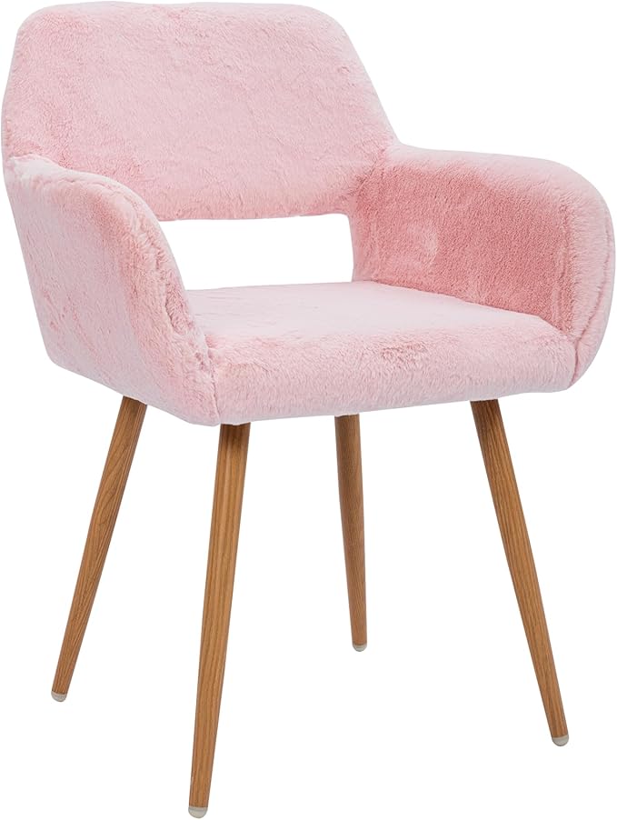 Furry Desk Chair, Modern Home Office Chair Without Wheels, Faux Fur Vanity Chair with Hollow Backrest, Comfy Armchair Wood Frame with Strudy Metal Legs, Pink