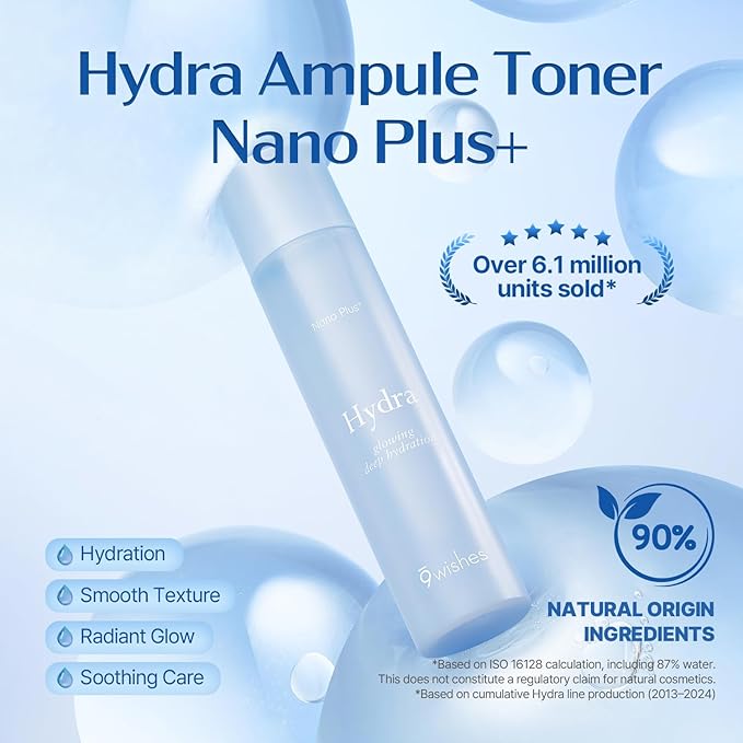 9wishes Hydra Ampule Toner Nano Plus+, Hyaluronic Acid Facial Treatment, Lightweight Hydrating Korean Skincare for Skin Hydration and Smoothing Care, 150ml / 5.07 fl oz