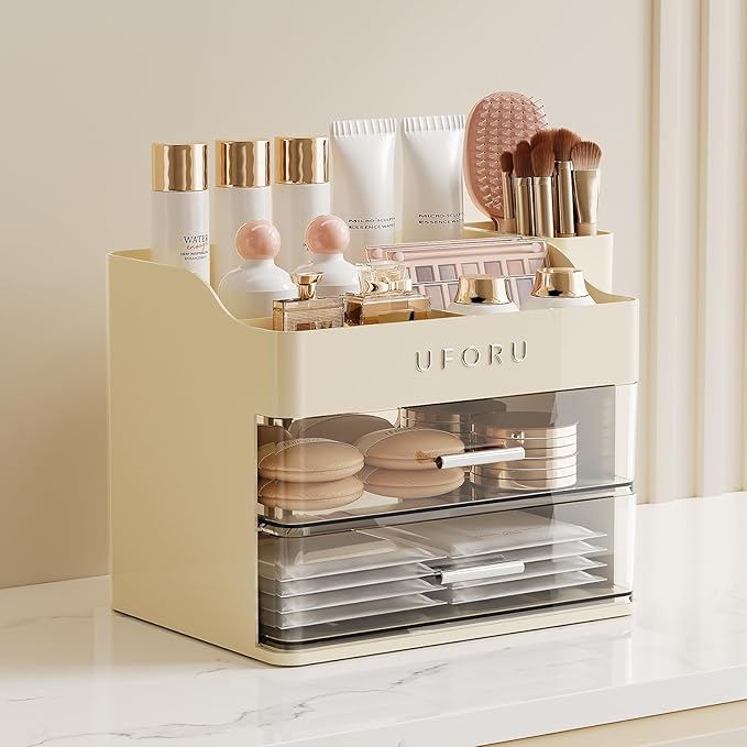 Makeup Organizer for Vanity with Brush Holder, Countertop Skincare Organizer with 2 Drawers, Spacious Cosmetic Display Case for Perfumes, Eyeshadow Palettes, Nail Polishes