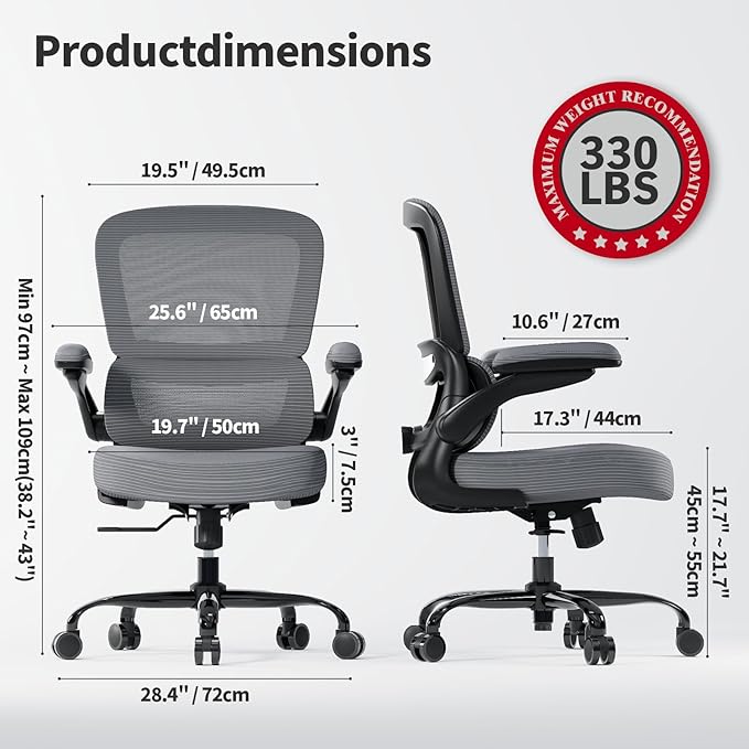 TRALT Ergonomic Office Chair - Desk Chair with Adjustable Lumbar Support Computer Chair - Mesh Comfy Chair with Flip-up Armrests - Gaming Chairs for Adults Home Office (PU Leather, Dark Grey)