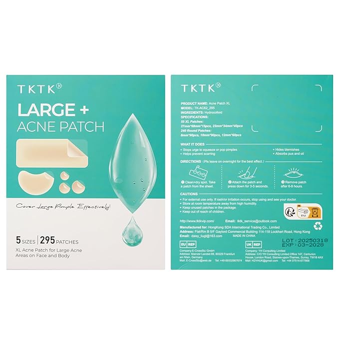 TKTK Large Pimple Patches for Face, 68 x 27 mm XL Hydrocolloid Bandages, Big Acne Patches for Body, Forehead, Chin, Nose, Chest and Back Blemish Zit Breakouts (Strip, Contoured, Dot 5 Sizes 295 Count)