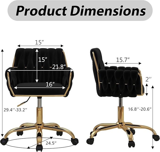 Woven 360°Swivel Desk Chair, Velvet Height Adjustable Home Office Armchair with Golden Base for Teens Women Girls, Upholstery Computer Chair for Home Studios and Office, Woven & Black