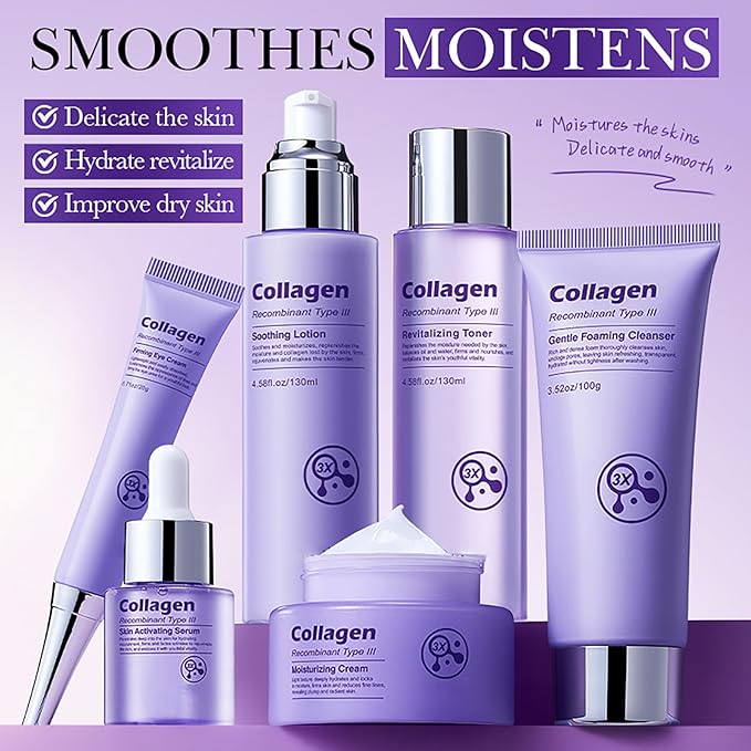 Collagen Skin Care Set for Women | Anti-Aging, Firming & Hydrating Treatment to Shrink Pores and Smooth Wrinkles | 6-Piece Set with Face Serum, Cream, Eye Cream, Toner, Cleanser and Soothing Lotion