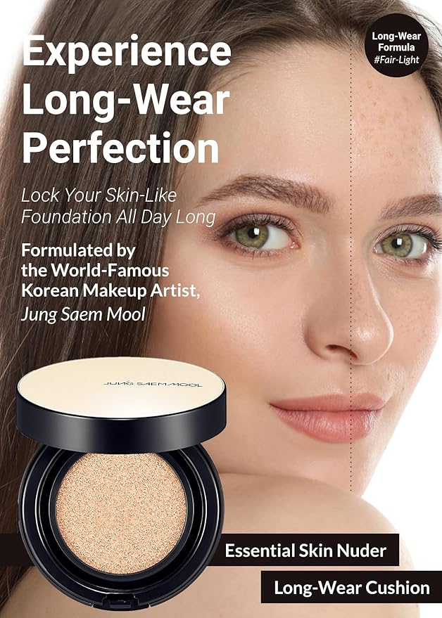 JUNG SAEM MOOL Essential Skin Nuder Longwear Cushion 0.98 Fl Oz, Refill Included, 24H Lasting Cushion Foundation with High Coverage, Semi-Matte Natural Finish, Korean Foundation Makeup (Fair Light)