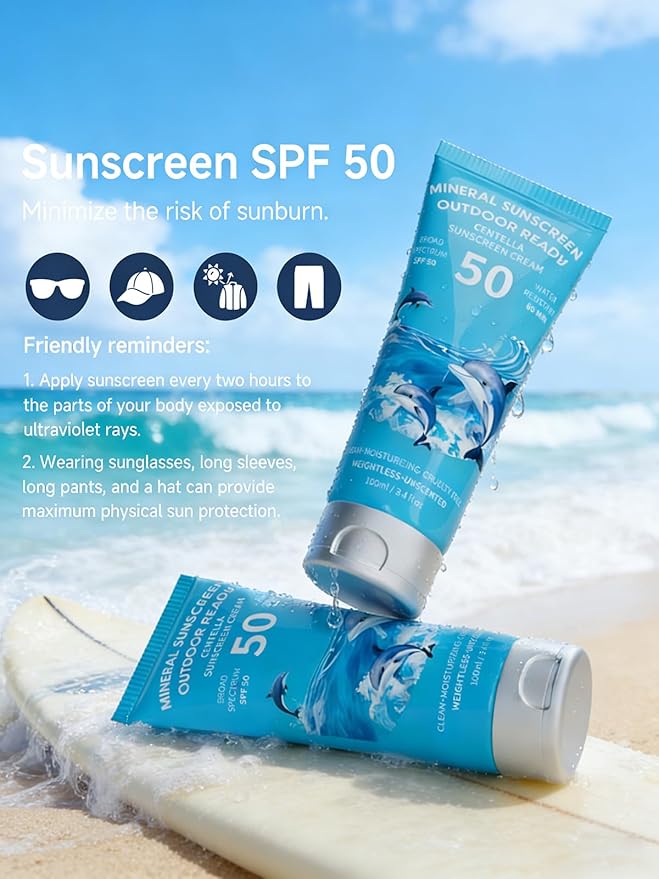 Reef Safe Sunscreen SPF 50, Travel Size Zinc Oxide Mineral Sunscreen, Natural Organic Centella Extract, Lightweight No White Cast, Non-Greasy, For Women & Men, Outdoor Beach Home Office Daily Use