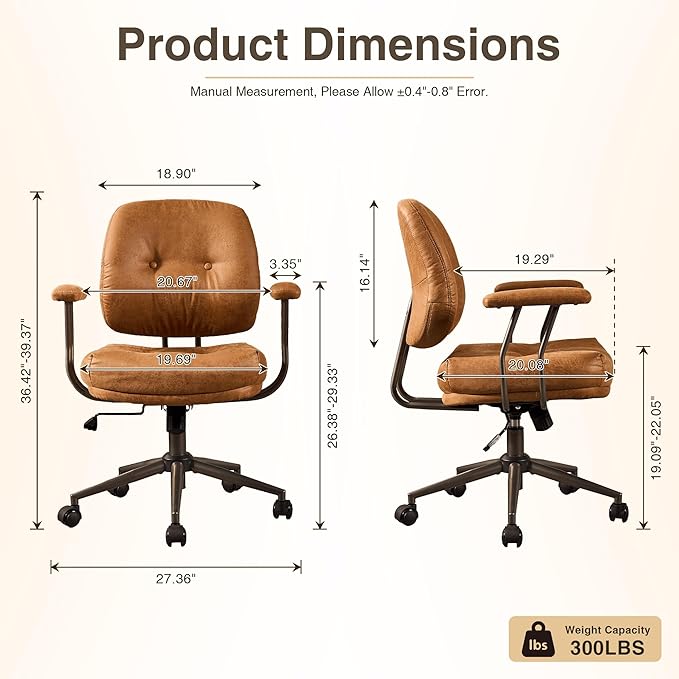 HOOOWOOO Ergonomic Office Chair,Mid Century Modern Computer Desk Chair,Comfy Executive Chair with Extra Wide Tufted Cloudy Seat Lumbar Support Rocking Back,Suede Leather Light Brown