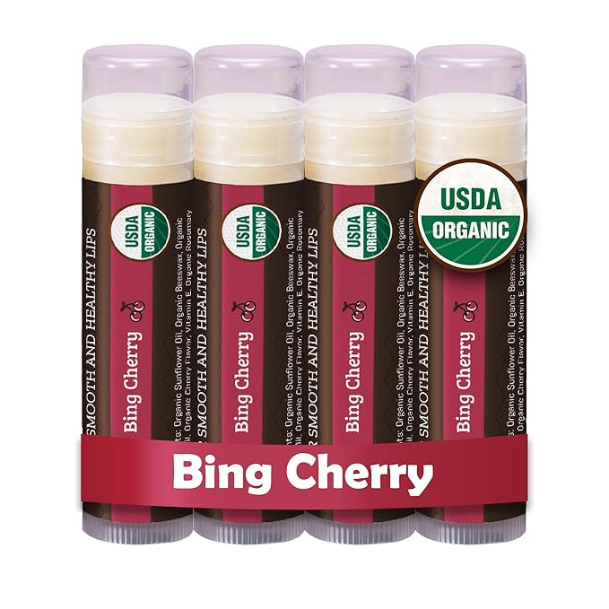 Earth's Daughter USDA Organic Cherry Lip Balm 4-Pack- Cherry Flavor - Beeswax, Coconut Oil, Vitamin E - Best Lip Repair Chapstick for Dry Cracked Lips.