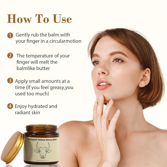 Whipped Beef Tallow Balm with Honey, Natural Moisturizing Cream for Face and Body, Hydrating Skin Balm for Dry Skin, Soothing Tallow Skin Care (4.23oz, Lavender)