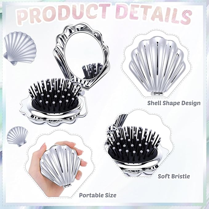 Meanplan 12 Pcs Mermaid Party Favors Shell Hair Brush with Mirror Foldable Mini Travel Pocket Hair Brush Compact Makeup Comb for Women Girls Valentines Day Birthday Gifts(Silver)