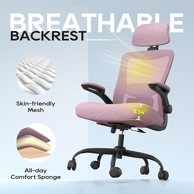 Ergonomic Office Chair, High Back Mesh Desk Chair with Adjustable Lumbar Support & Headrest, Flip-up Armrest, Computer Task Chairs for Home and Executive Office (B-Light Purple)
