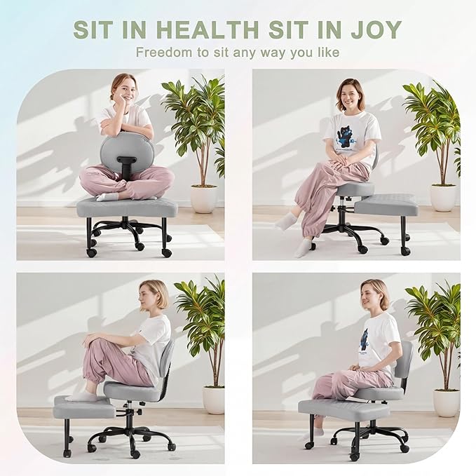GUNJI Ergonomic Criss Cross Legged Office Chair, 360° Swivel Meditation Kneeling Chair with Wheels, ADHD Chair with Footrest, Lumbar Support, Wider Height Adjustable Seat (Grey, Faux Leather)