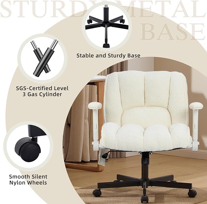 Criss Cross Legged Office Chair with Flip-Up Arms and Wheels, Wide Seat Desk Chair with Built-In Dynamic Airbag Lumbar Support, Modern Cross-Leg Chair for Home Office, Apartment, Vanity, Beige