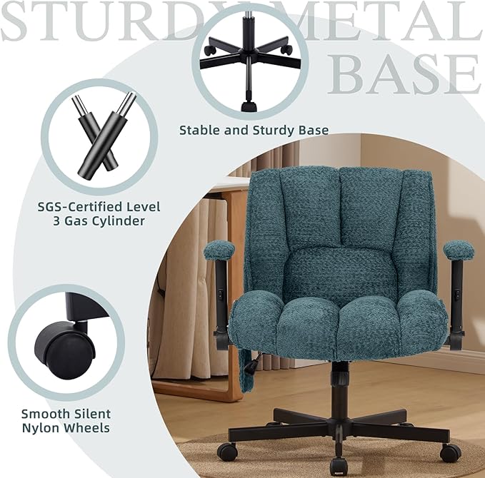 Criss Cross Legged Office Chair with Flip-Up Arms and Wheels, Wide Seat Desk Chair with Built-In Dynamic Airbag Lumbar Support, Modern Cross-Leg Chair for Home Office, Apartment, Vanity, Dark Green