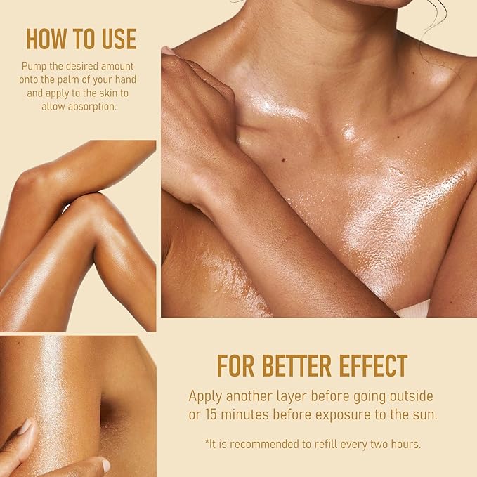 Sunscreen Body Glow Oil, Broad Spectrum SPF 45, Lightweight Waterproof Moisturizing Coconut Shimmer Oil with Gold Mica, Travel Size Summer Sunscreen Skin Illuminator-AMBER, 3.38 fl oz