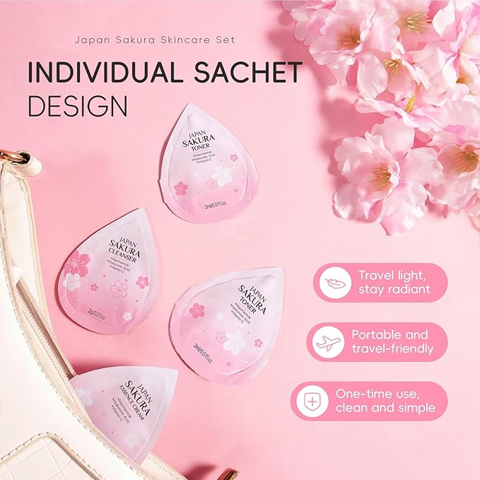 Mini Travel Skincare Set, 29 Piece Mini Travel Essentials Kit With Facial Cleanser, Toner, Serum, Cream, Eye Mask, Sleeping Mask, Mud Mask, Sakura Skin Care Gift Set For Teen Girls And Women