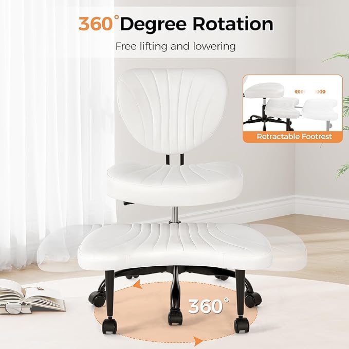 Cross Legged Office Chair, Ergonomic Criss Cross Chair with Wheels, 360° Swivel Height-Adjustable Meditation Chair for Yoga & ADHD, Wide Kneeling Chair with Strong Lumbar Support (White) BPY01W