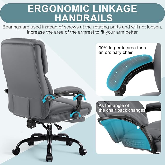 Executive Office Chair,High Back Ergonomic Comfy Desk Chair with Footrest and Padded Linkage Armrests,PU Leather Heavy Duty Computer Swivel Rolling Task Chair for Home Office,Adults,Gray