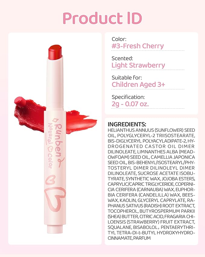 RUNBEN Kids Tinted Lip Balm, Fresh Cherry Lips Gloss, 24H Moisturizing, Safe & Non-toxic Lipstick for Kids & Teen, Birthday Makeup Gift for Girls, 2g