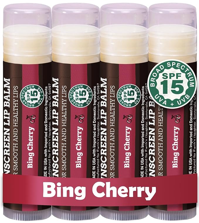 Earth's Daughter SPF Lip Balm Cherry Flavor 4-Pack - Lip Sunscreen, SPF 15, Organic Ingredients, Beeswax, Coconut Oil, Vitamin E - Hypoallergenic, Paraben Free, Gluten Free