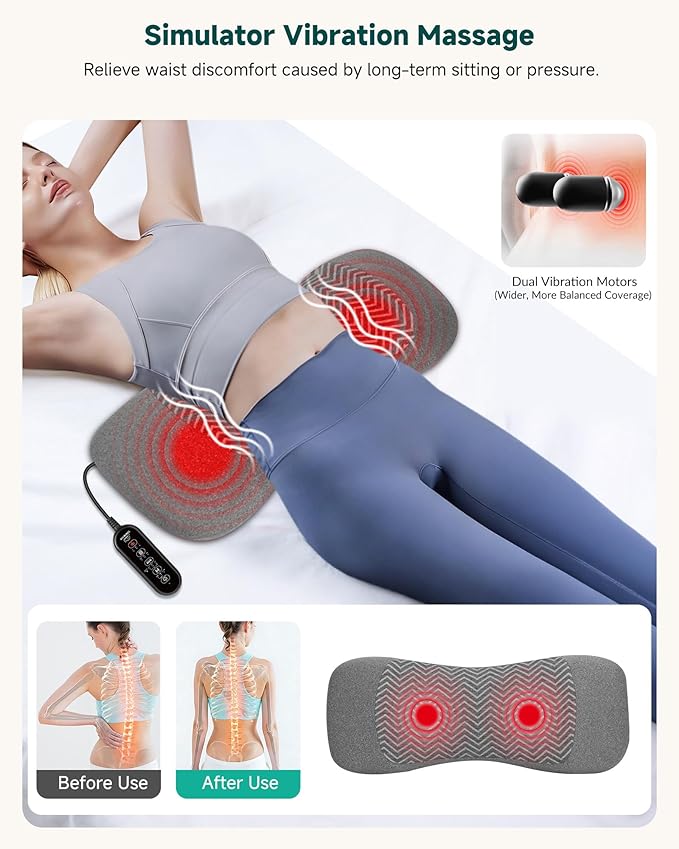 3-in-1 Rechargeable Electric Lumbar Support Pillow, Triple Support Air Lift Back Massager with Heat & Vibration, Adjustable Height Wide Waist Cushion for Bed & Chair, Smooth Spine Comfort Design