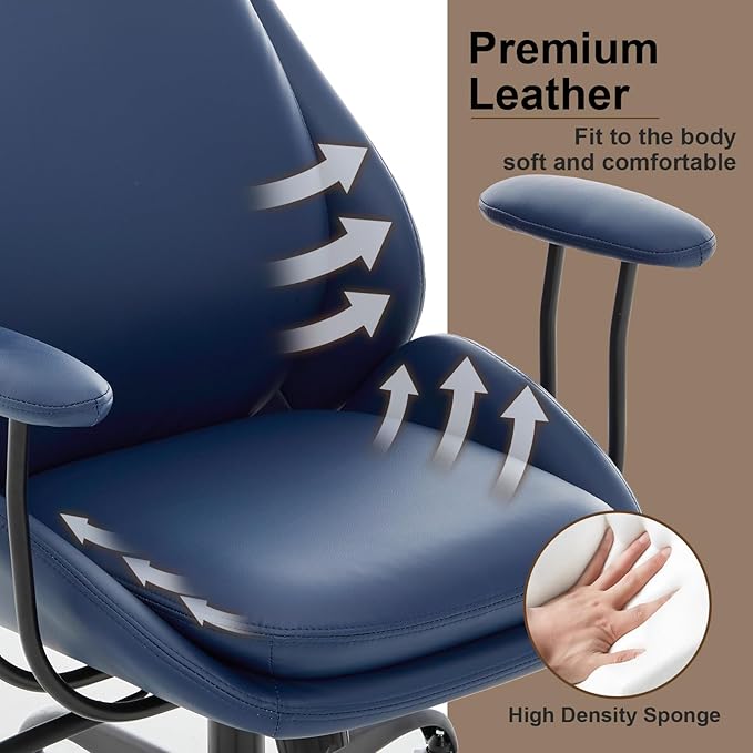 Office Chair, Leather Desk Chair with Rubber Wheels, Ergonomic Computer Chair 500 LBS with Lumbar Support, High Back Executive Chair for Modern Home Office, Blue