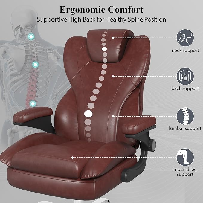 Office Desk Chair, Executive Leather Office Chair, High Back Ergonomic Home Desk Chair with Padded Flip-up Arms, Big and Tall Computer Chair with Rocking Function, 360°Swivel Free, Brown