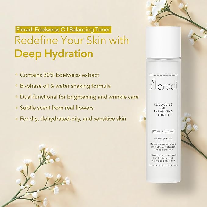 Edelweiss Oil Balancing Toner: Revitalize with 20% Edelweiss Extract - Dual Layer Hydration & PH Balance, Rich in 11 Flower Extracts, 5.07 fl oz - Ideal for All Skin Types