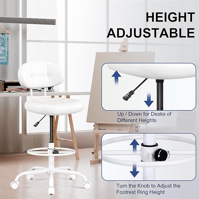 Misolant Drafting Chair, Armless Tall Office Chair with Footrest Ring for Standing Desk, Small Faux Leather Executive Computer Chair with Adjustable Height for Bar Lab Counter Height Desk, White