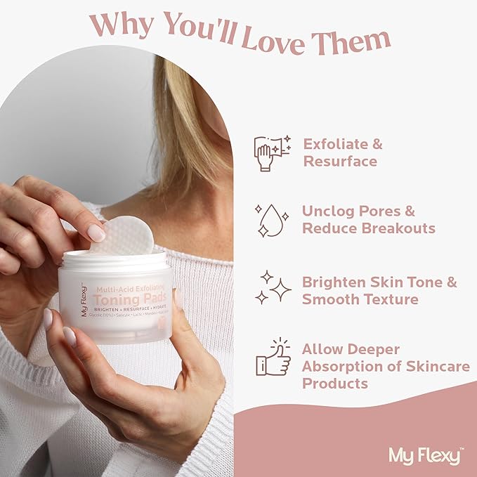 Multi Acid Toner Pads, Exfoliating Face Pads with Glycolic, Lactic, Mandelic, Kojic, & Salicylic Acid. Skin Pore Reducing, Toning, Resurfacing Facial Treatment for Wrinkles & Dull skin-50 Count