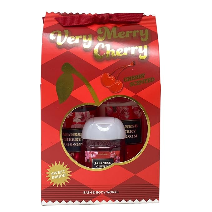 Bath & Body Works Japanese Cherry Blossom Very Merry Cherry Travel Gift Set - Fine Fragrance Mist - Body Lotion - Hand Gel - with a Peach Gardenia Sample Soap - Travel Size