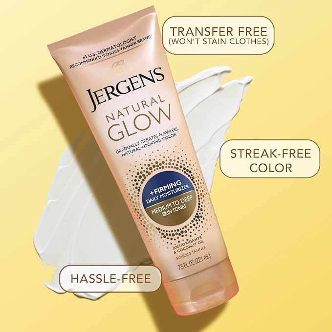Jergens Natural Glow +Firming Self Tanner Body Lotion,Medium to Deep Skin Tone,Sunless Tanning Moisturizer with Collagen and Elastin,Helps to Visibly Reduce Cellulite,7.5 Oz,(Pack of 4)