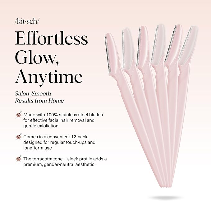 Kitsch Dermaplane Razor for Women Face – Face Razors for Women & Men, Eye Brow Razors & Face Shaver – Exfoliating Facial Razor & Dermaplaner as Skin Care Tool for Smoother Skin - Blush, 6 pcs