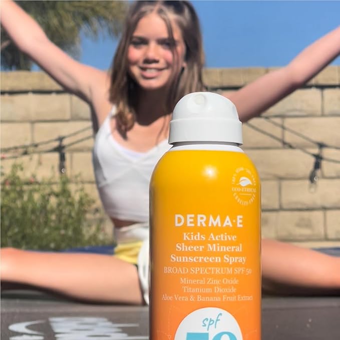 DERMA E Kids Active Sheer Mineral Sunscreen Spray SPF 50 – Broad Spectrum Protection for Toddlers and Kids – Water Resistant Spray Sunscreen for Sensitive Skin, 6 Oz
