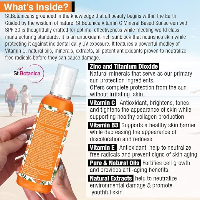 StBotanica Vitamin C SPF 30 PA+++ Sunscreen Mineral Based & Water Resistant,120ml - UVA & UVB Protection