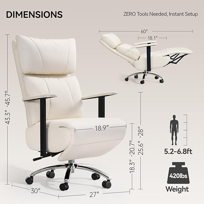Reclining Office Chair with Adjustable Headrest and Footrest, 170° Ergonomic Comfortable Office Chair Zero Gravity, Leather Executive Home Office Desk Chair (Cream)