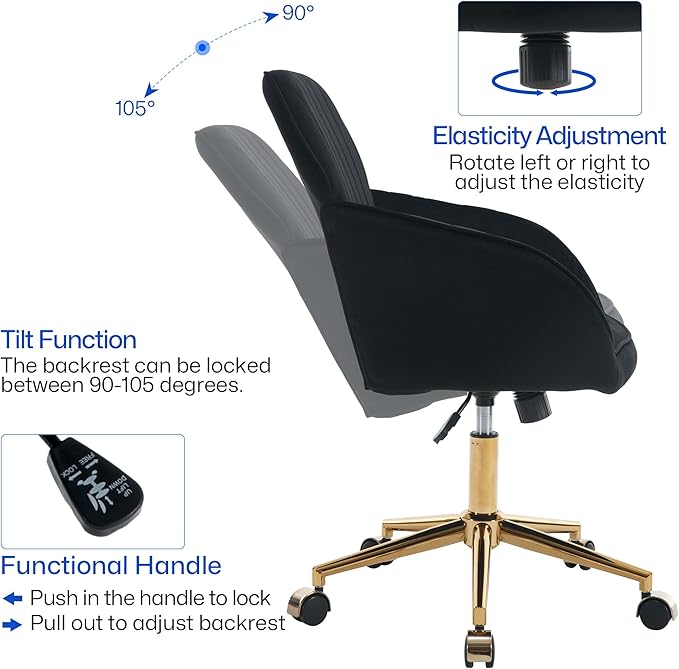 YISHENG Velvet Home Office Chairs with Gold Base, Height Adjustable 360 Degree Swivel Desk Chair with Wheels, Upholstered Tufted Modern Vanity Chairs for Living Room, Bedroom,Study Room (Black)