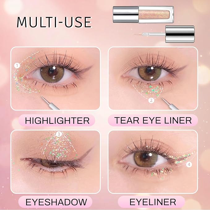Erinde Liquid Glitter Eyeshadow Eyeliner, Korean Makeup Bling Under Eye Shadow, Shimmer Metallic, Lightweight Waterproof Long Wearing, Loose Glue for Sparkly Crystals Eye Makeup, Golden Pink Sequins