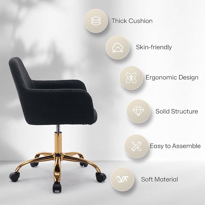 Faux Fur 360°Swivel Desk Chair, Modern Height Adjustable Home Office Armchair with Golden Base for Teens Women Girls, Upholstery Computer Chair for Home Studios, Sherpa & Black