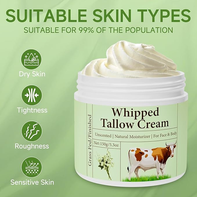 Beef Tallow for Skin, Beef Tallow, Grass Fed Beef Tallow, Whipped Beef Tallow for Face Moisturizer for All Purpose Tallow Balm, 2 packs