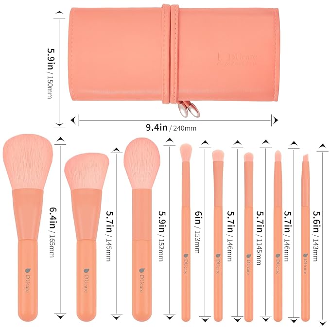 DUcare Makeup Brush Set with Case, 8 Piece Professional Sunrise Orange Brushes, Synthetic Fiber Vegan Brushes with Travel Storage Bag for Foundation Blush Contour Eyeshadow Blending Detailing