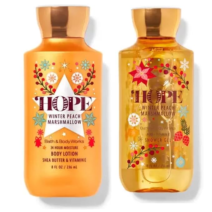 Bath and Body Works Gift Set of 10 oz Shower Gel and 8 oz Lotion (Hope Winter Peach Marshmallow), Multicolor