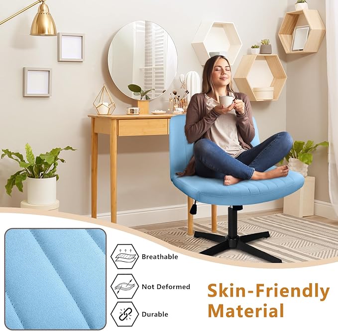 Criss Cross Chair, Armless Cross Legged Office Vanity Chair, Comfortable Fabric Wide Swivel Criss Cross Desk Chair for Home Office, Height Adjustable Vanity Criss Cross Chair with Back, Blue