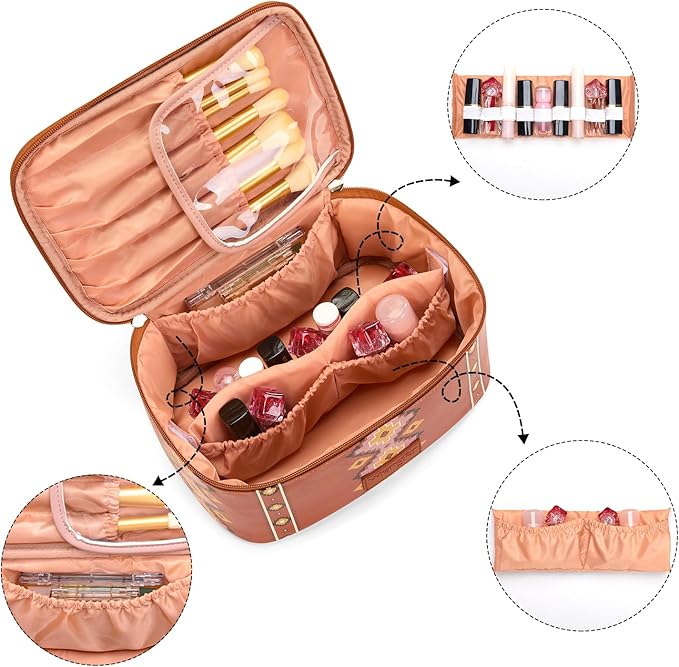Montana West X Wrangler Travel Makeup Bag 2pcs Set Large Cosmetic Bag with Makeup Brush Holder Portable Make Up Organizer Cute Toiletry Bag with Divider and Handle for Women Aztec