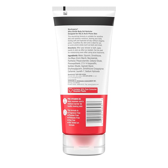 Neutrogena Ultra Gentle Body Gel Hydrator with Pro-Vitamin B5 & Niacinamide Designed for Acne-Prone & Oily Skin, Body Gel Cream Moisturizes Without Clogging Pores, Fragrance-Free, 7.0 oz