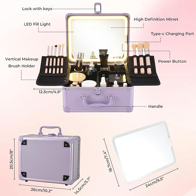 Makeup Case with Lighted Mirror, Makeup Box Organizer with Detachable LED Mirror, Travel Makeup Train Case, Waterproof Cosmetic Organizer, Standing Brush Holder, Gift, Purple