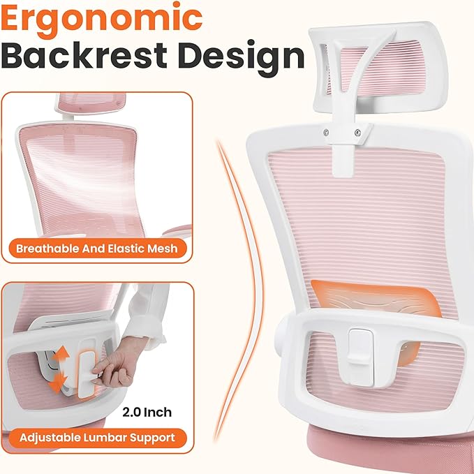 NEO Chair Office Desk Chair Computer High Back Mesh Gaming Seat with Ergonomic Adjustable Comfy Flip-up Armrests Lumbar Support Height for Home (Headrest Pink)