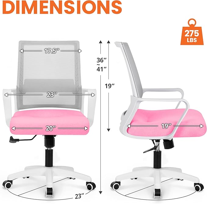 NEO Chair Office Chair Gaming Desk Computer Chair Ergonomic Mesh Mid Back with Wheels Lumbar Support Comfy Swivel Adjustable for Home (Pink)