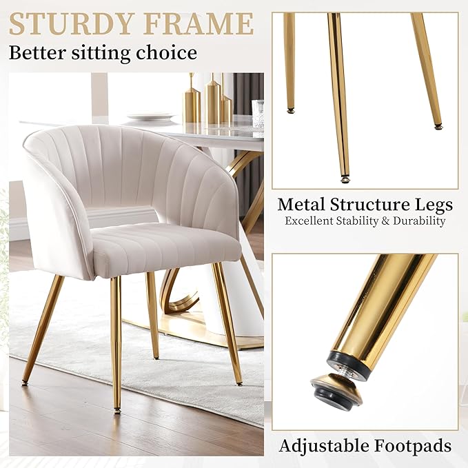 Westice Velvet Home Office Desk Chair Set of 1, Modern Tufted Vanity Chairs with Gold Metal Legs, Upholstered Accent Armchair for Living Room Restaurant, White